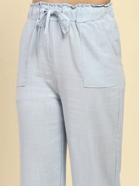 Pastel Blue Solid Cotton Linen Relaxed Fit Lower