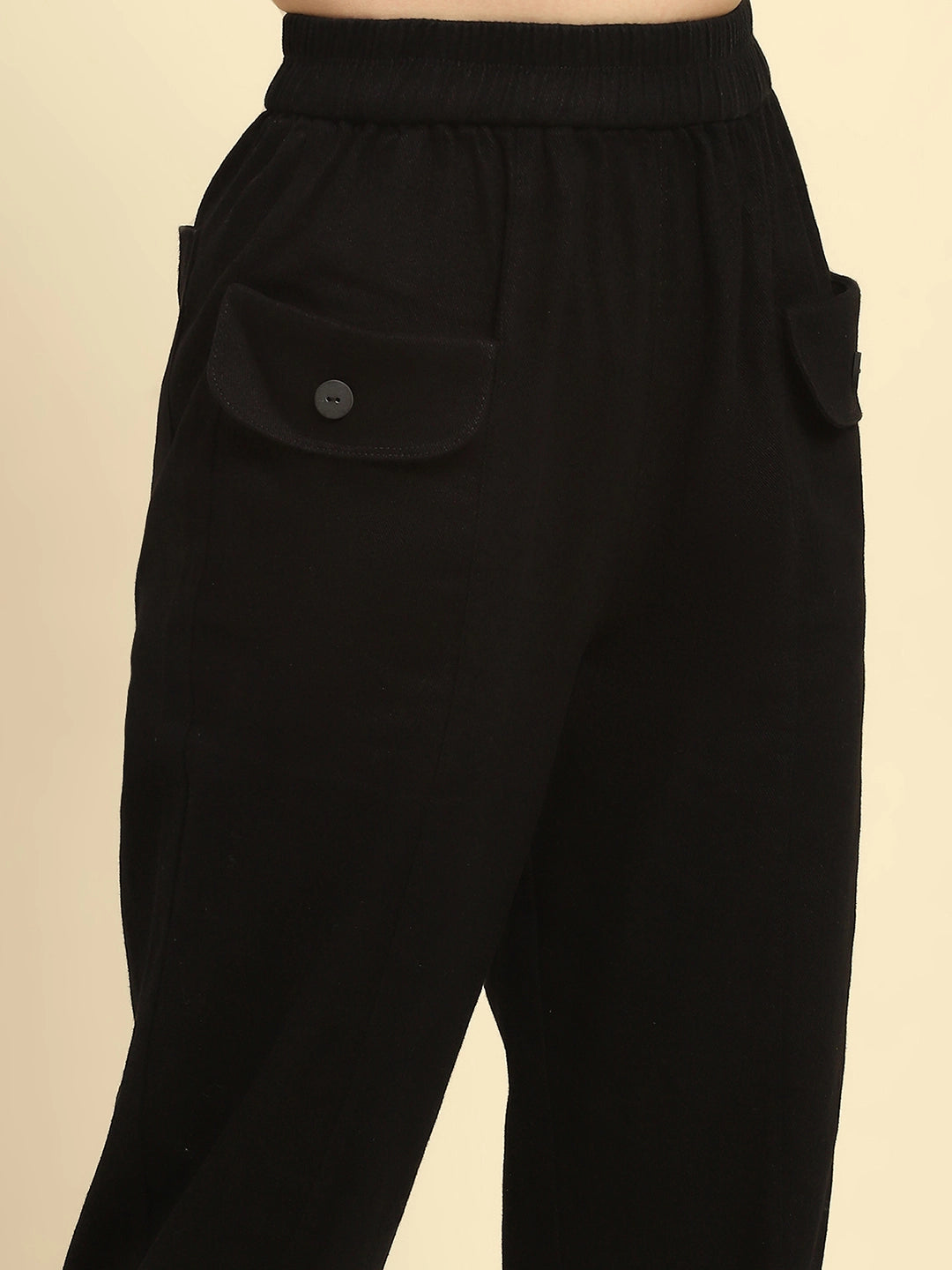 Black Textured Cotton Regular Fit Trouser