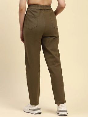 Brown Textured Cotton Regular Fit Trouser