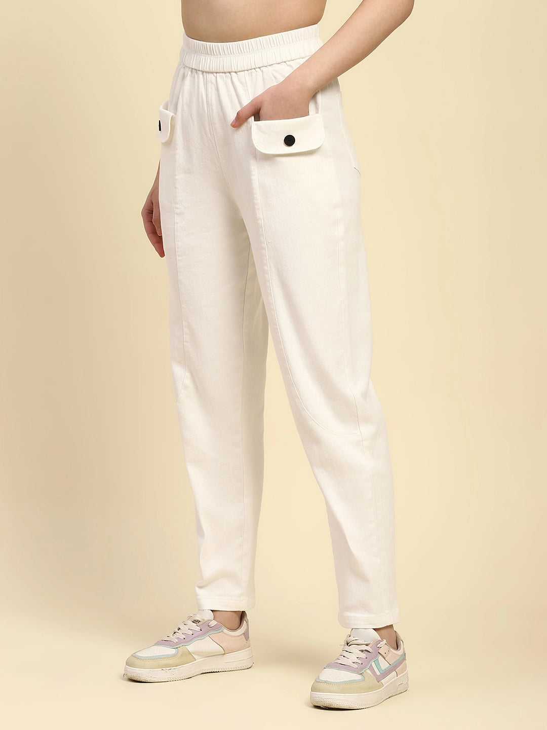 White Textured Cotton Regular Fit Trouser