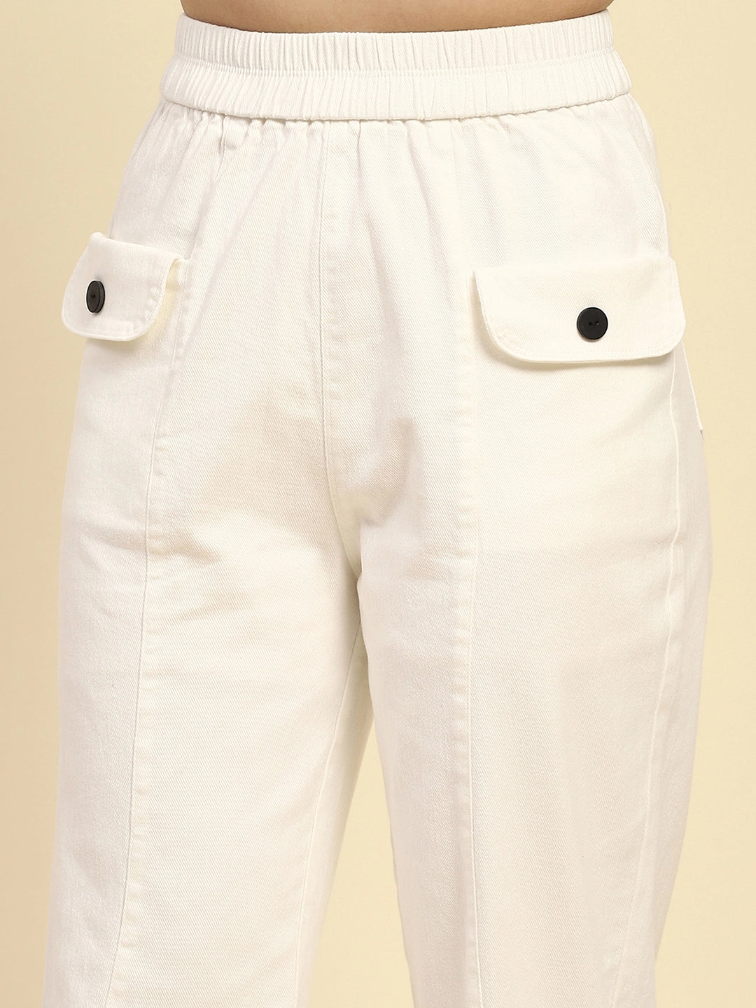 White Textured Cotton Regular Fit Trouser