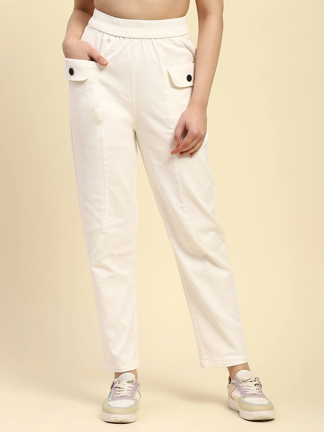 White Textured Cotton Regular Fit Trouser