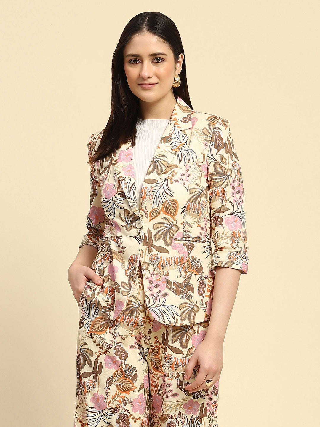 Multi Pastel Tropical Print Cotton Regular Fit Coat