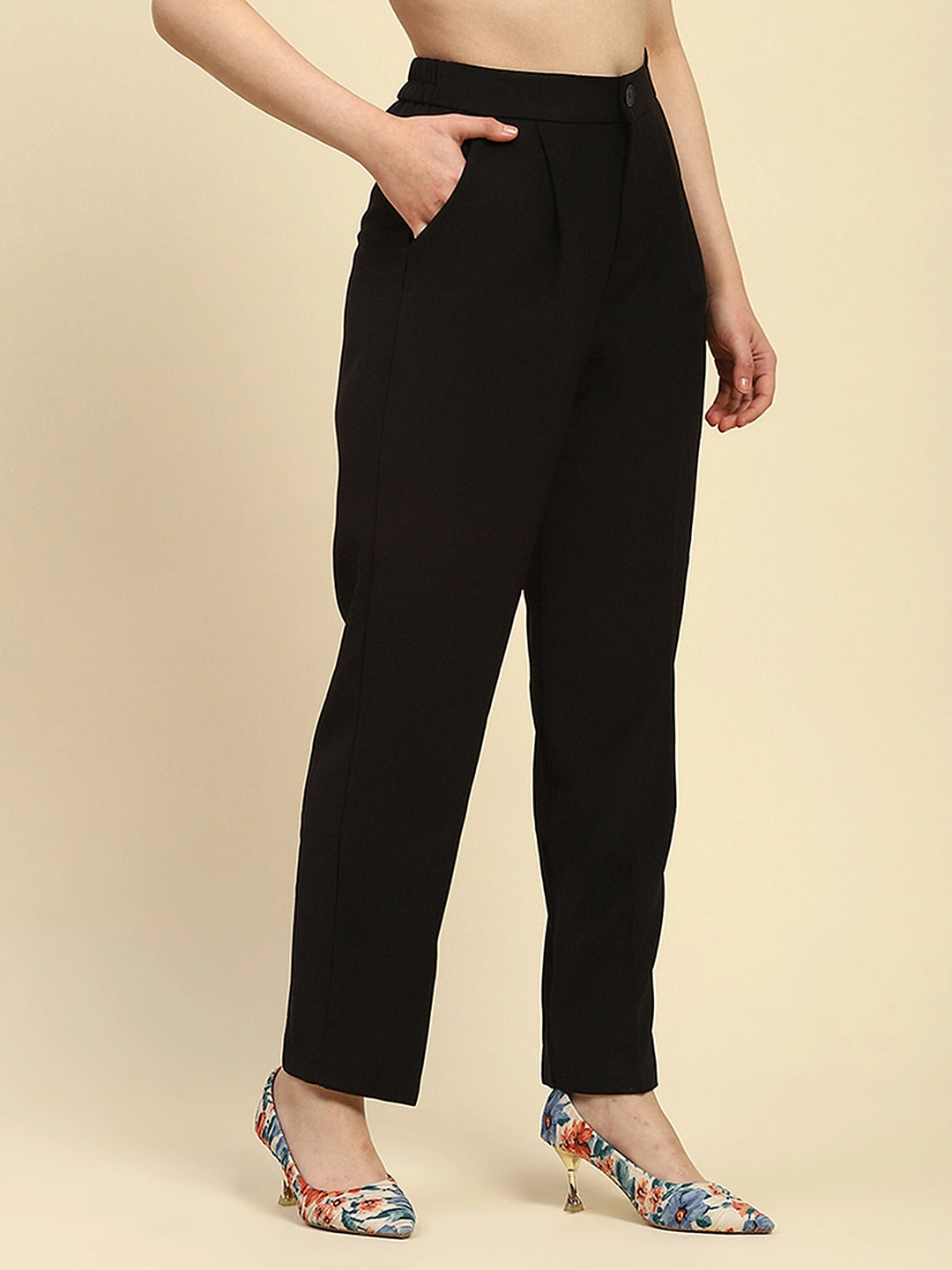 Black Solid Poly Blend Korean Cigarette Trouser