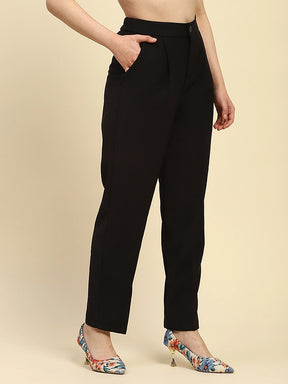 Black Solid Poly Blend Relaxed Fit Trouser