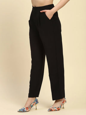 Black Solid Poly Blend Relaxed Fit Trouser