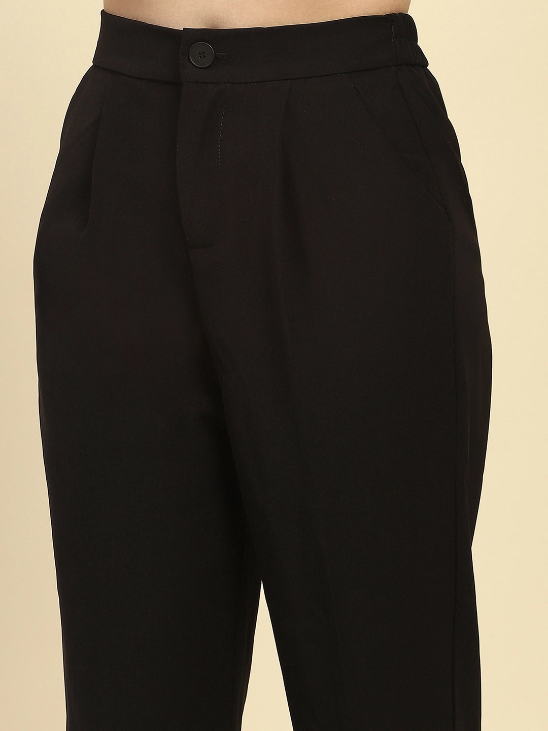 Black Solid Poly Blend Relaxed Fit Trouser