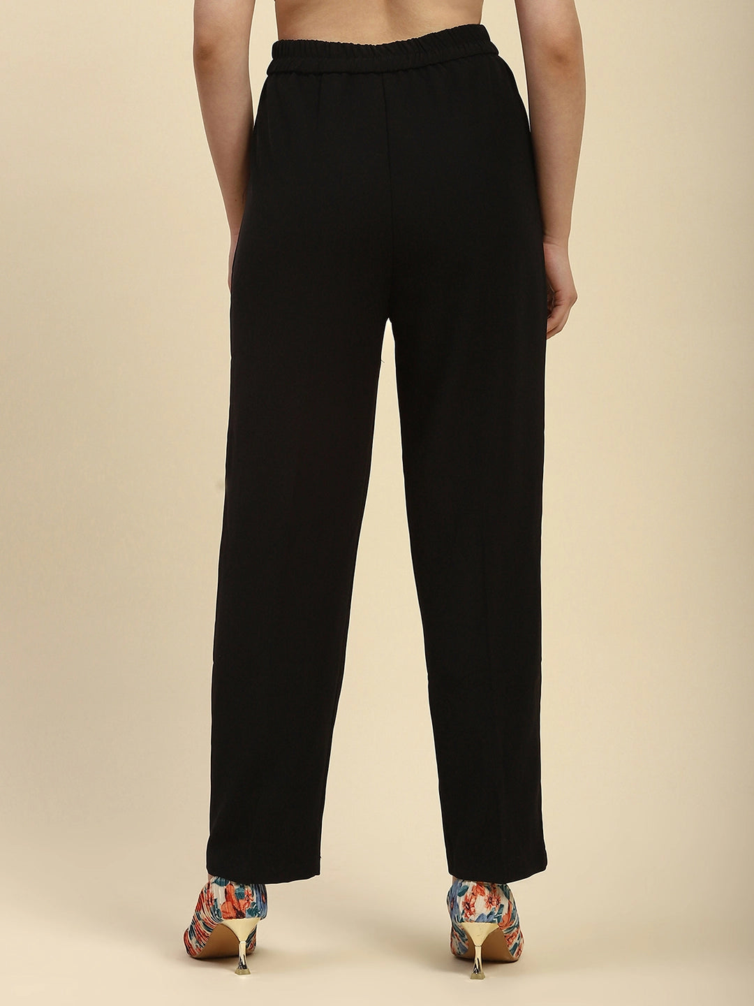 Black Solid Poly Blend Relaxed Fit Trouser