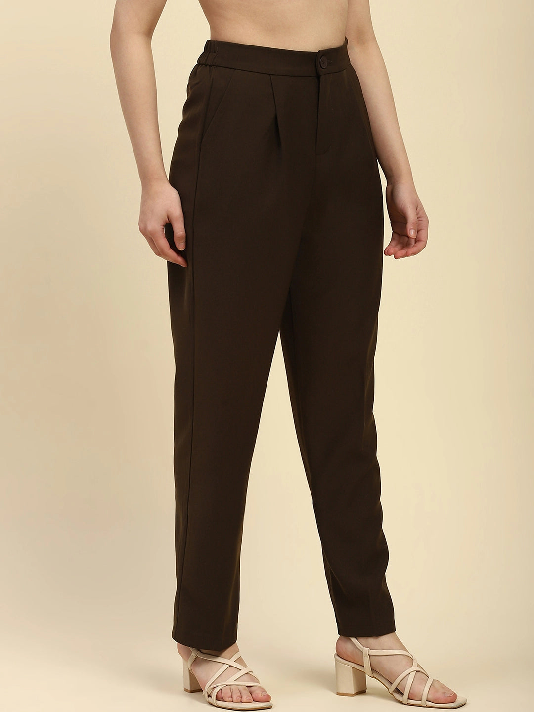 Brown Solid Poly Blend Korean Cigarette Formal Trouser