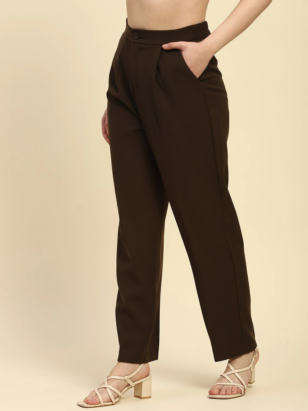 Brown Solid Poly Blend Cigarette Formal Trouser