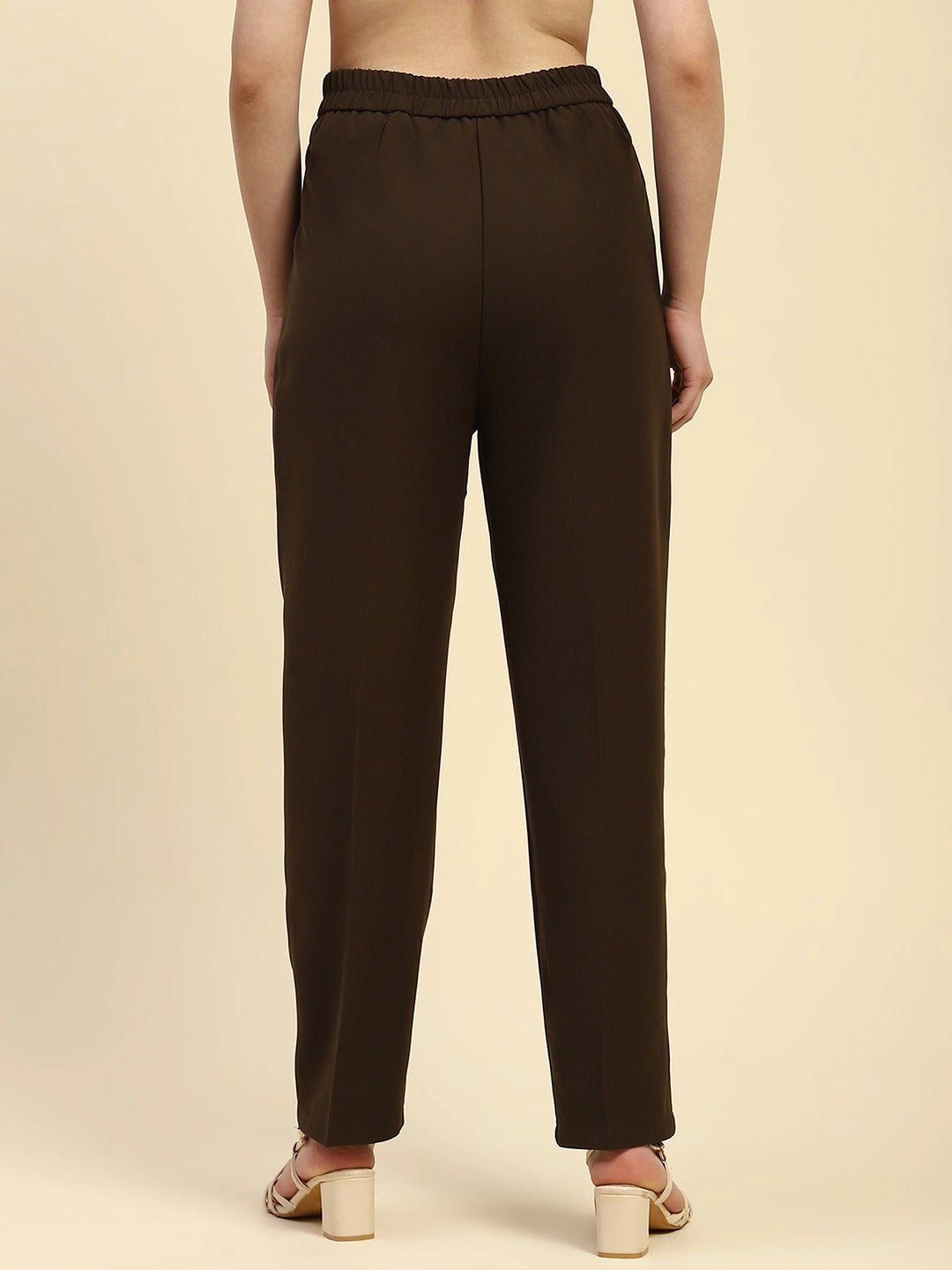 Brown Solid Poly Blend Cigarette Formal Trouser