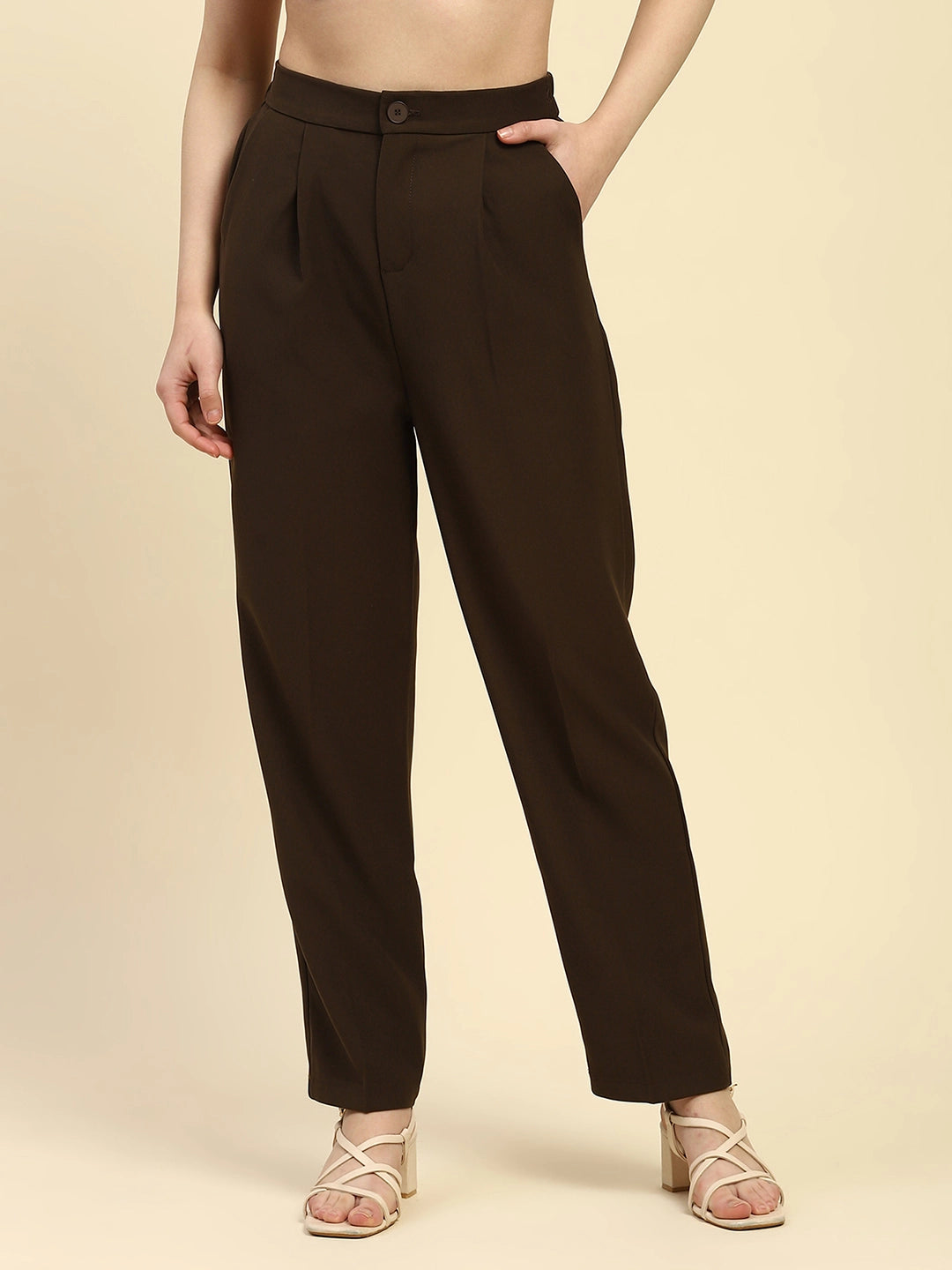 Brown Solid Poly Blend Korean Cigarette Formal Trouser