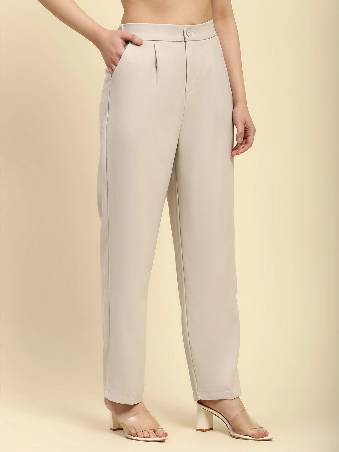 Off White Solid Poly Blend Korean Cigarette Formal Trouser