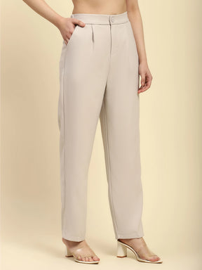 Off White Solid Poly Blend Cigarette Formal Trouser