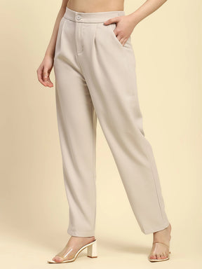 Off White Solid Poly Blend Cigarette Formal Trouser