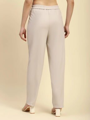 Off White Solid Poly Blend Cigarette Formal Trouser