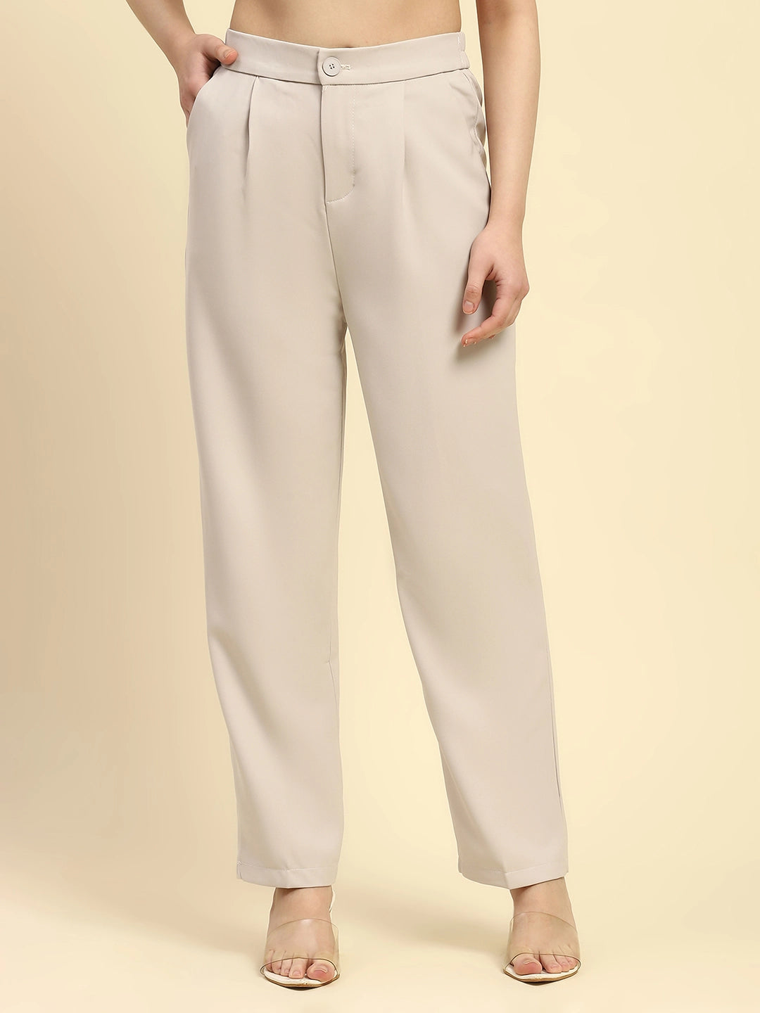 Off White Solid Poly Blend Korean Cigarette Formal Trouser