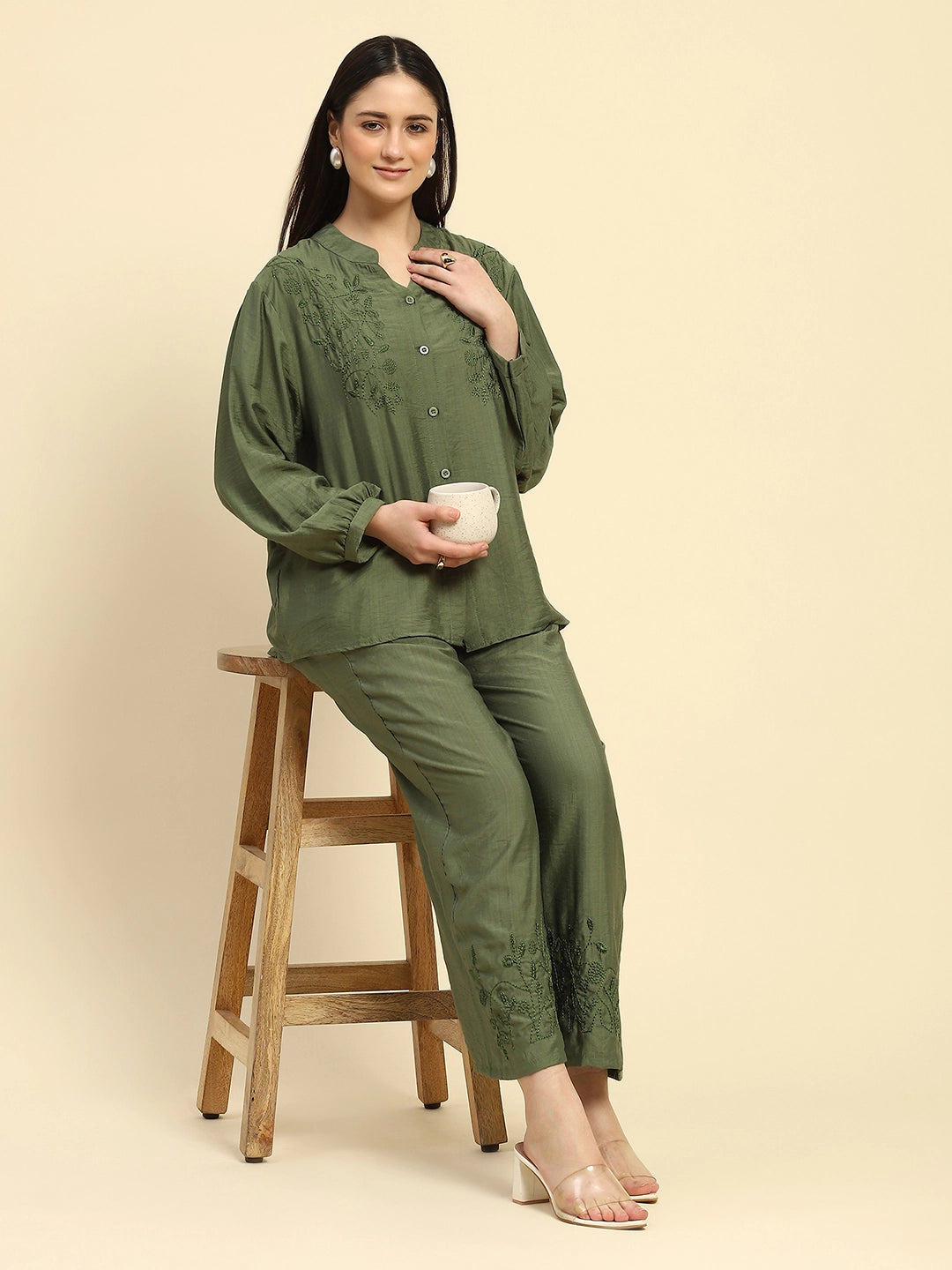 Green Embroidered Rayon Blend Relaxed Fit Night Suit