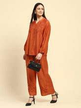 Rust Embroidered Rayon Blend Relaxed Fit Night Suit