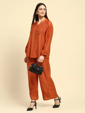 Rust Embroidered Rayon Blend Relaxed Fit Night Set