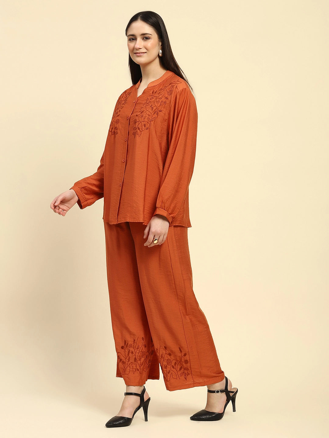 Rust Embroidered Rayon Blend Relaxed Fit Night Set