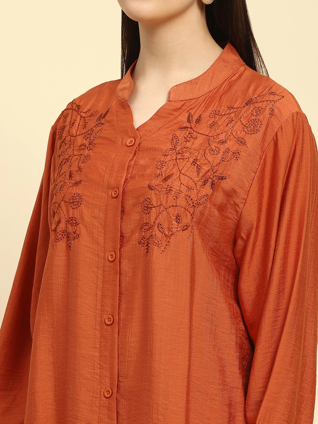 Rust Embroidered Rayon Blend Relaxed Fit Night Set