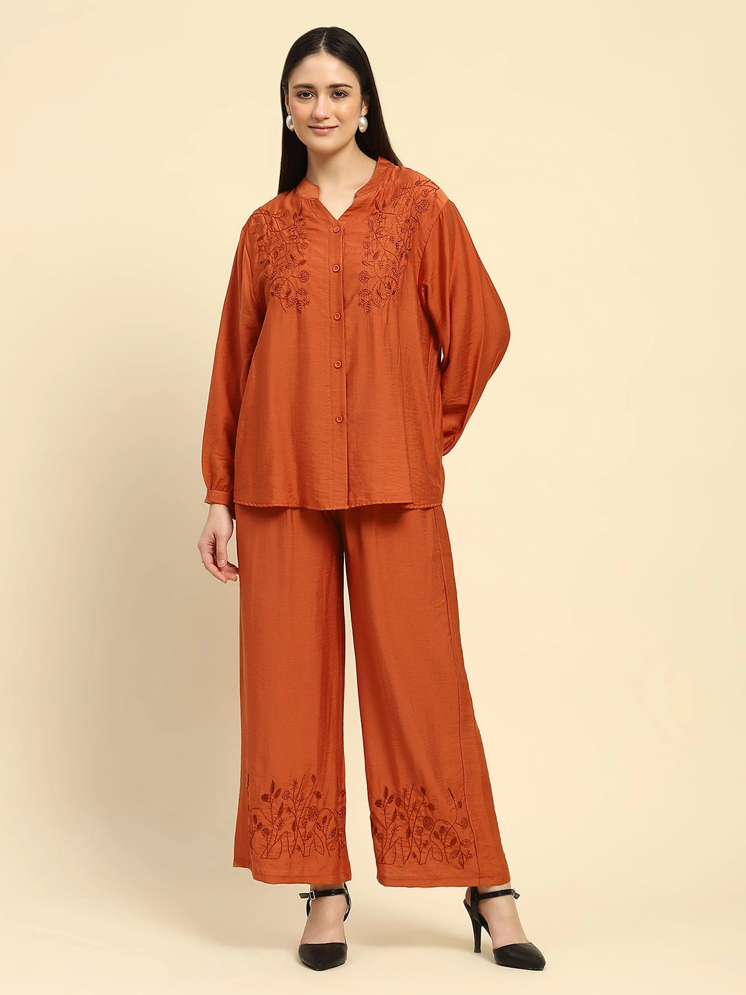 Rust Embroidered Rayon Blend Relaxed Fit Night Set