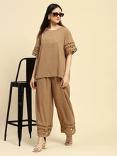 Beige Solid With Crochet Lace Rayon Blend Loose Fit Night Suit