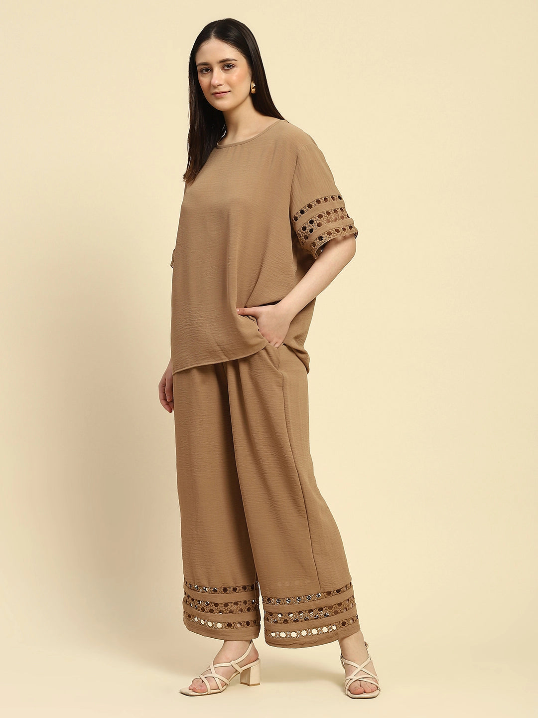 Beige Solid With Crochet Lace Rayon Blend Loose Fit Night Suit