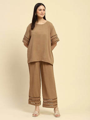 Beige Solid With Crochet Lace Rayon Blend Loose Fit Night Suit