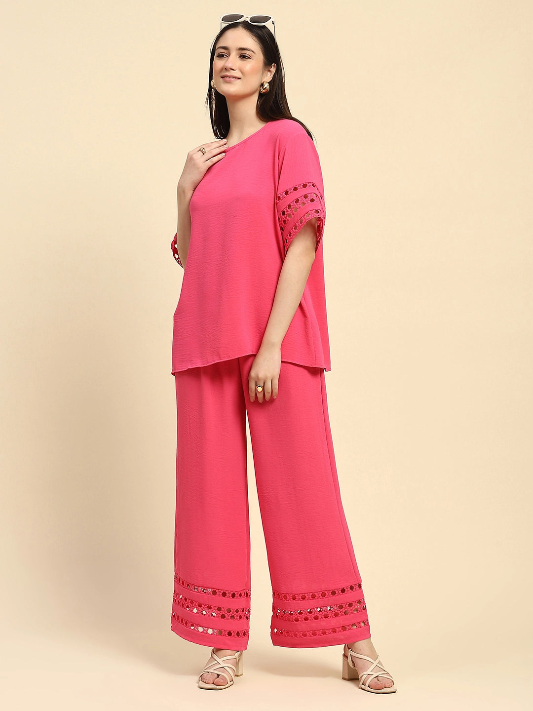 Hot Pink Solid With Crochet Lace Rayon Blend Loose Fit Night Suit