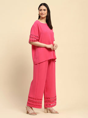 Hot Pink Solid With Crochet Lace Rayon Blend Loose Fit Night Suit