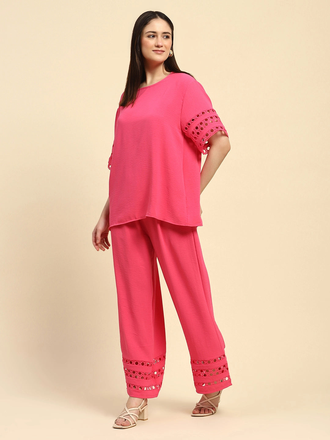 Hot Pink Solid With Crochet Lace Rayon Blend Loose Fit Night Suit