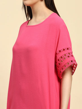 Hot Pink Solid With Crochet Lace Rayon Blend Loose Fit Night Suit