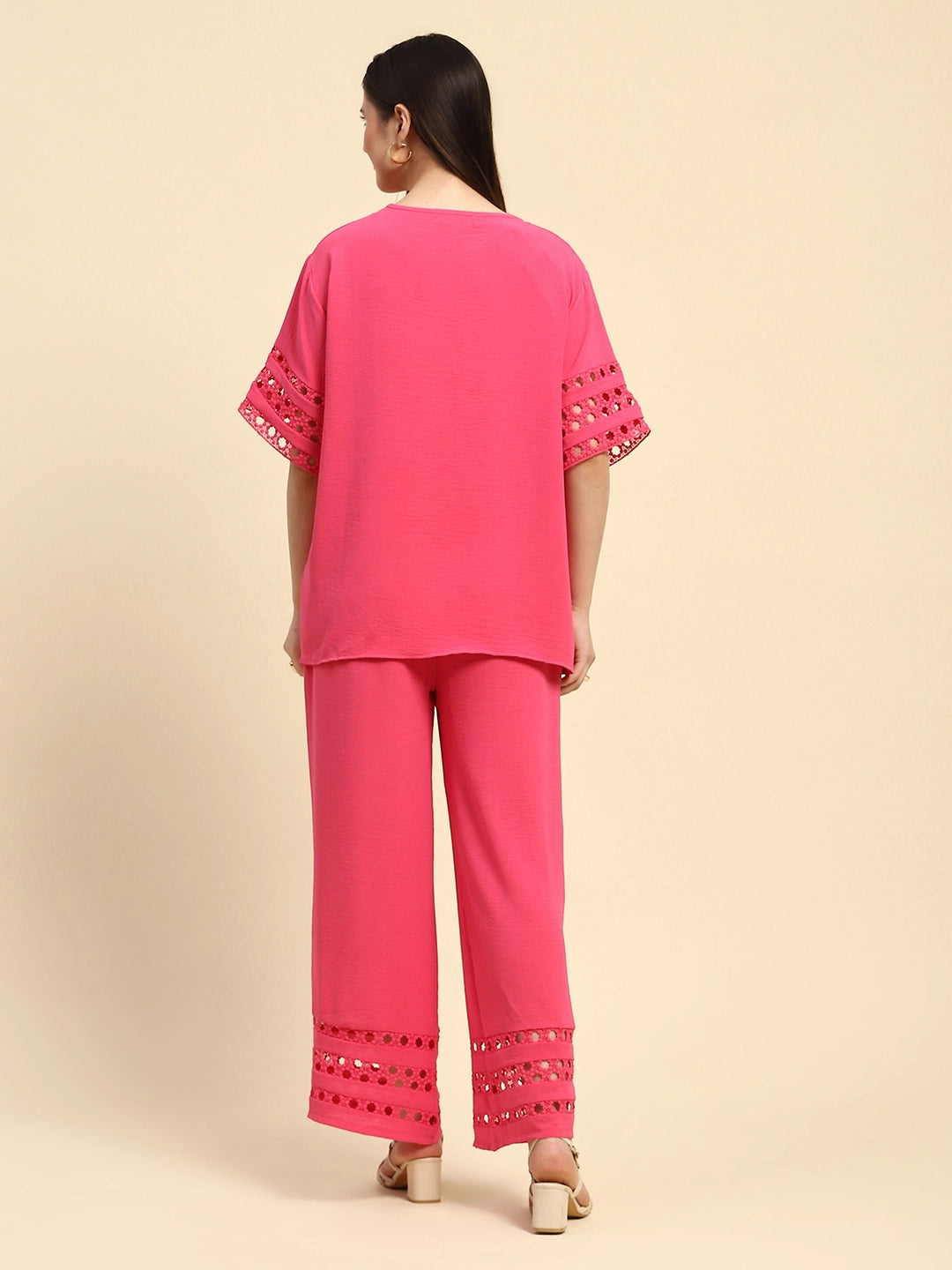 Hot Pink Solid With Crochet Lace Rayon Blend Loose Fit Night Suit