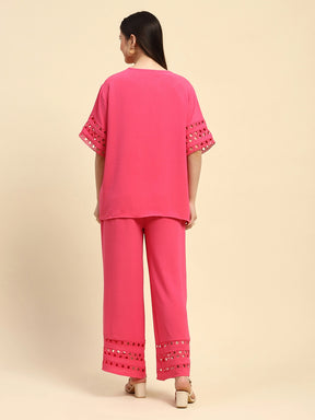 Hot Pink Solid With Crochet Lace Rayon Blend Loose Fit Night Suit