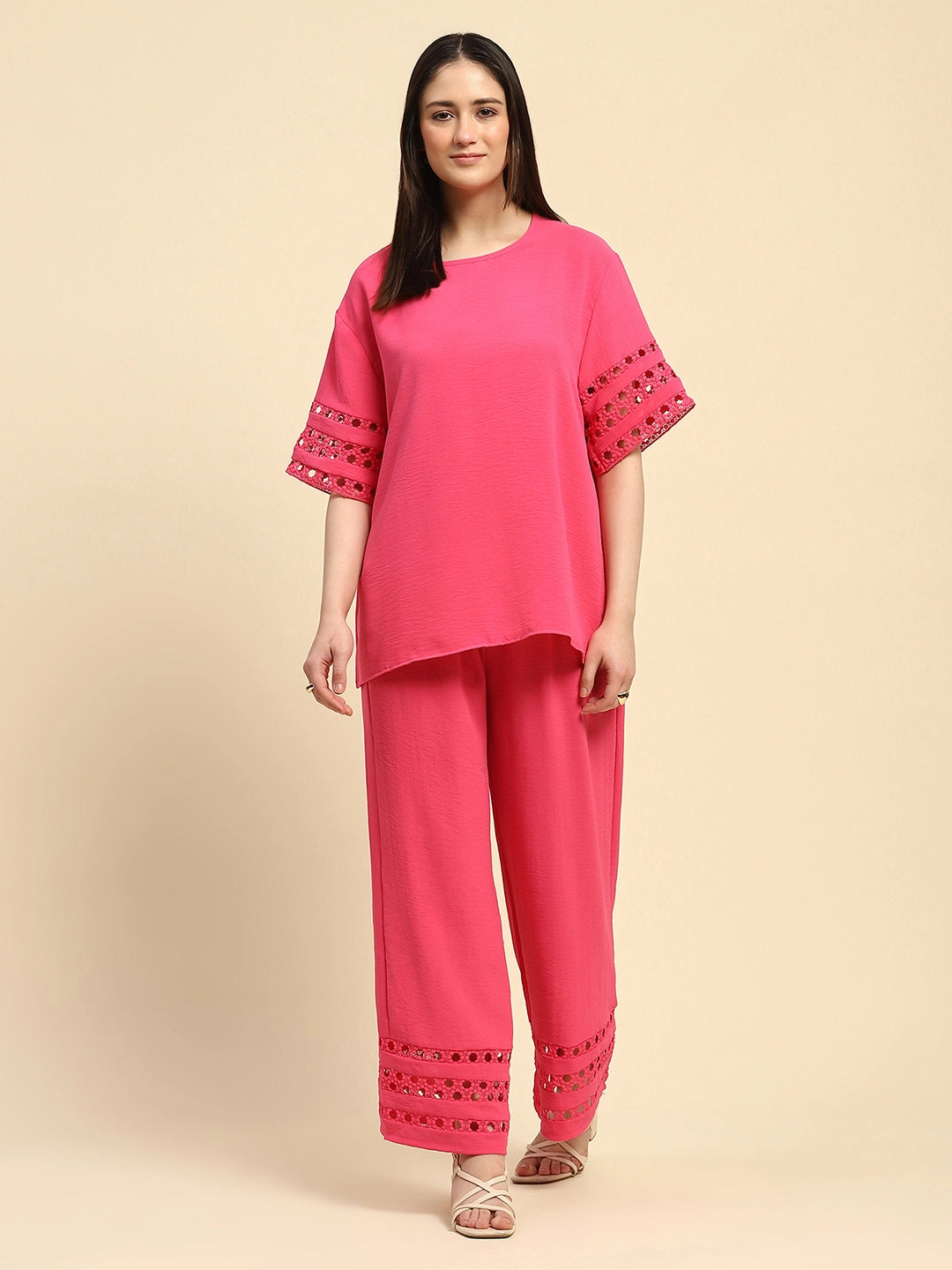 Hot Pink Solid With Crochet Lace Rayon Blend Loose Fit Night Suit