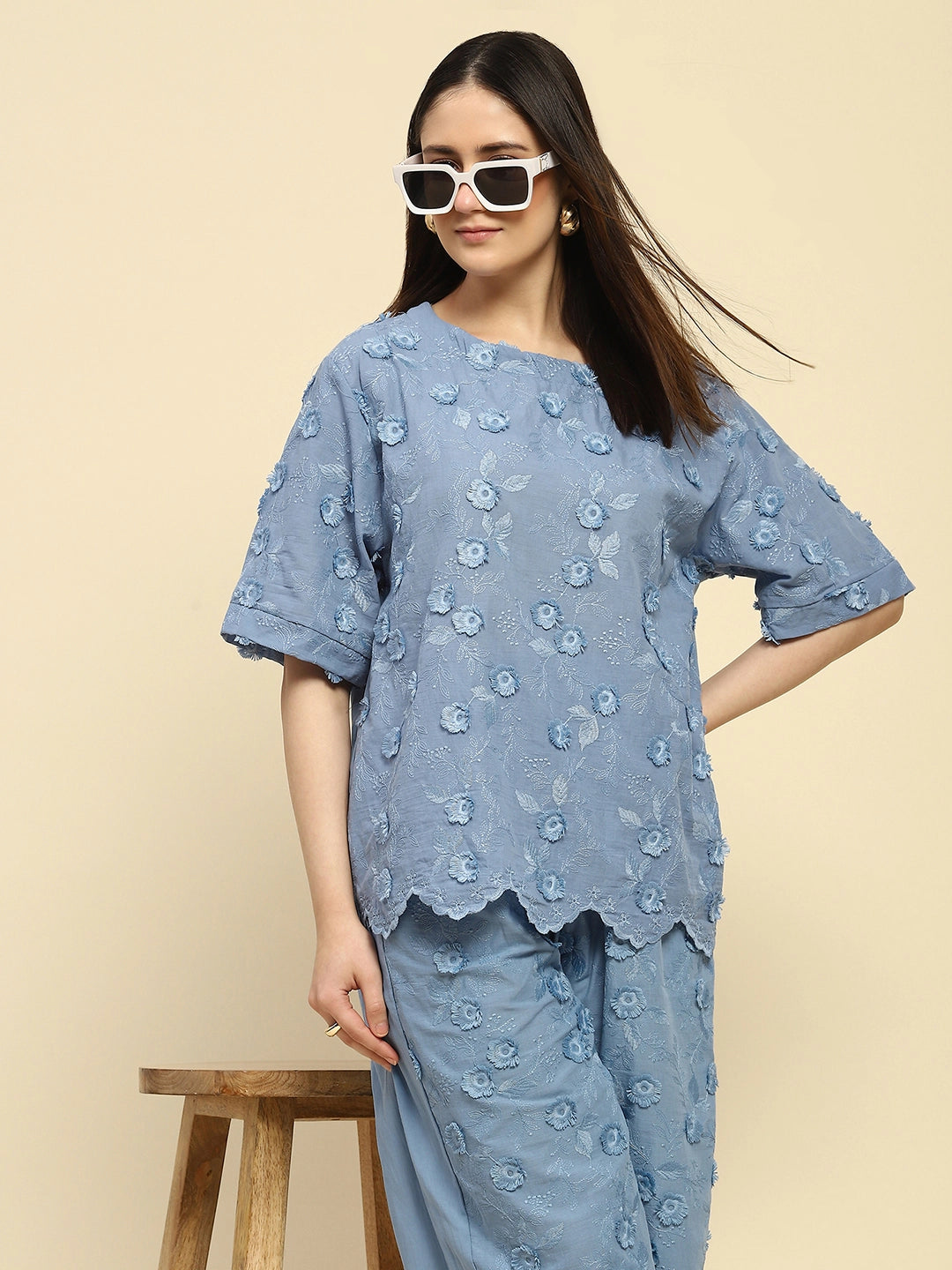 Blue Embroidered Cotton Loose Fit Night Suit