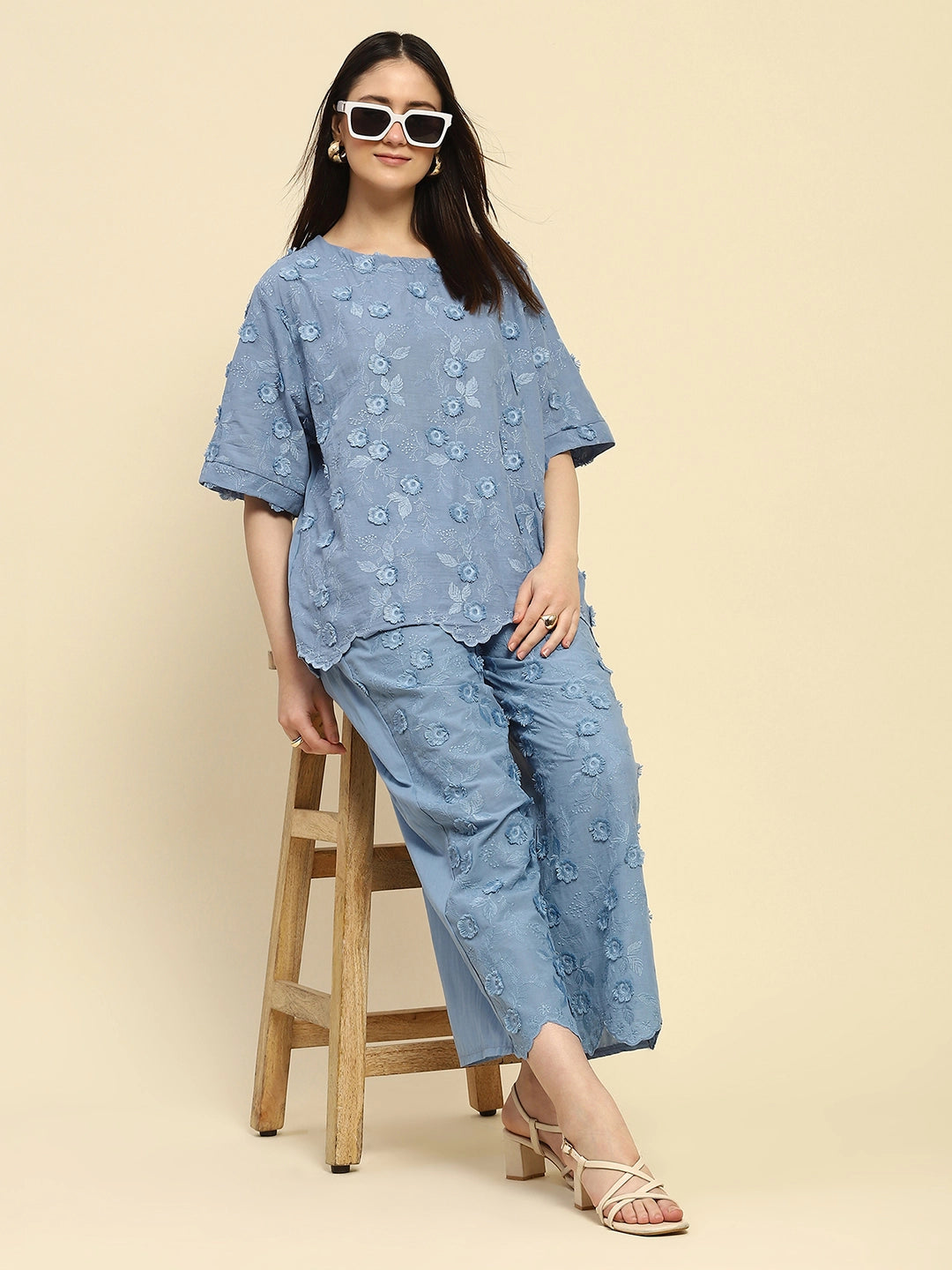 Blue Embroidered Cotton Loose Fit Night Suit