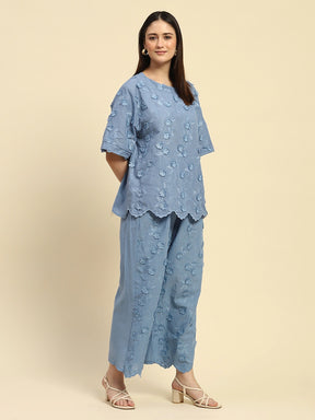 Blue Embroidered Cotton Loose Fit Night Suit