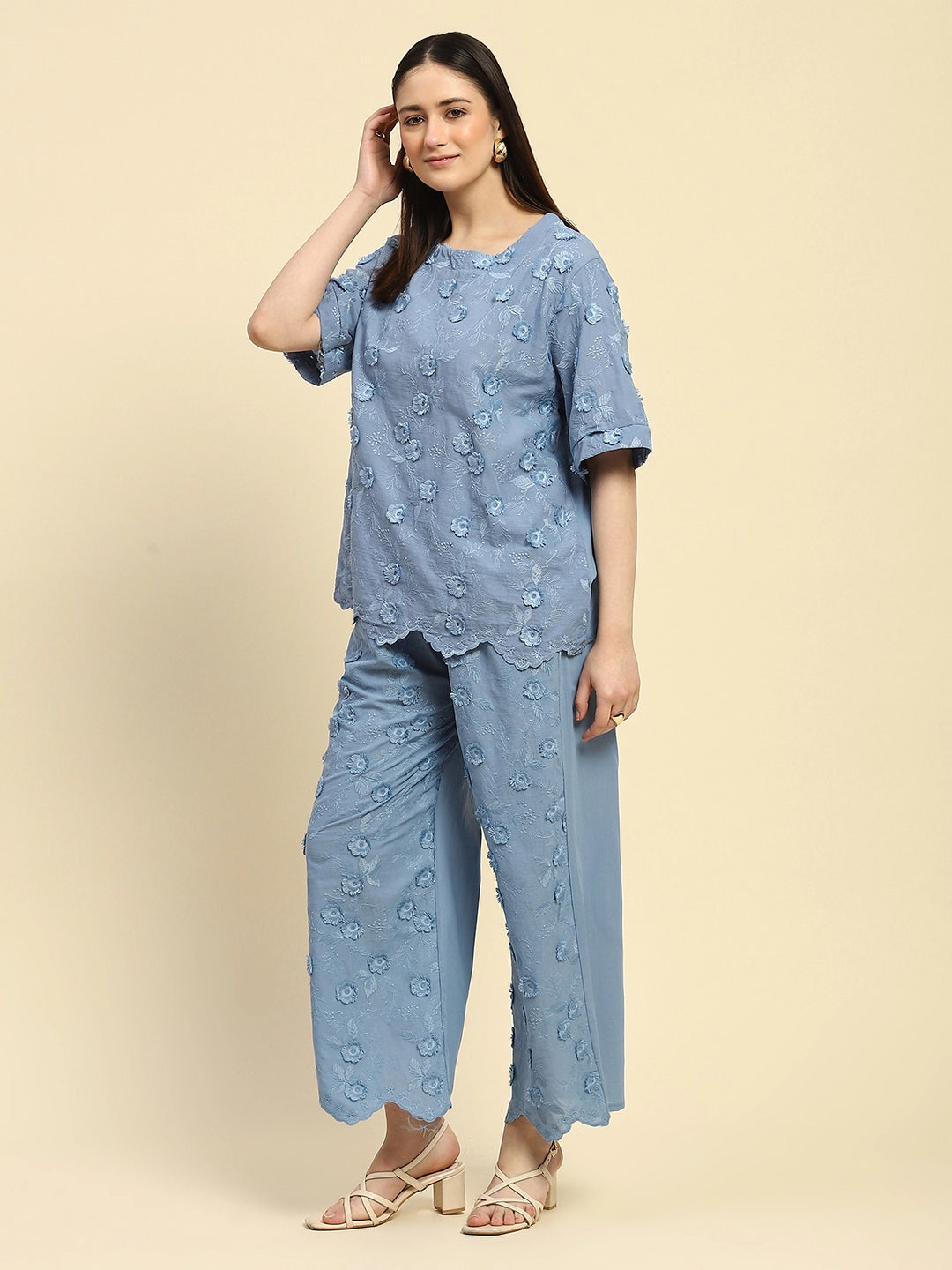 Blue Embroidered Cotton Loose Fit Night Suit