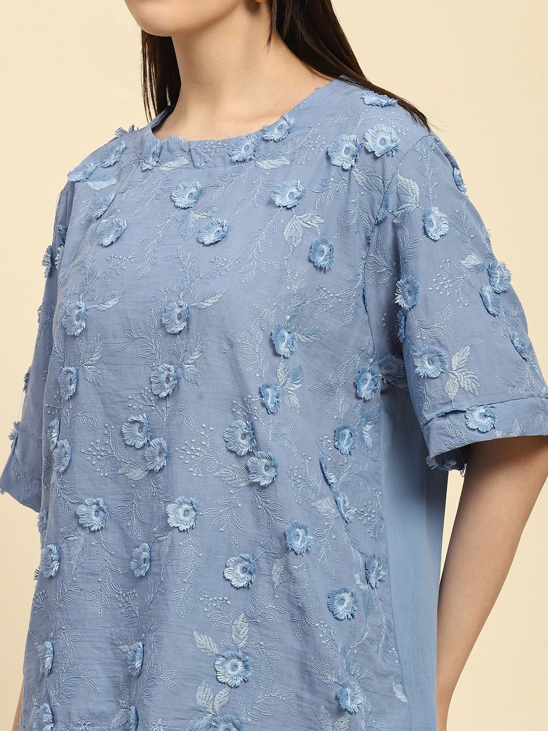 Blue Embroidered Cotton Loose Fit Night Suit