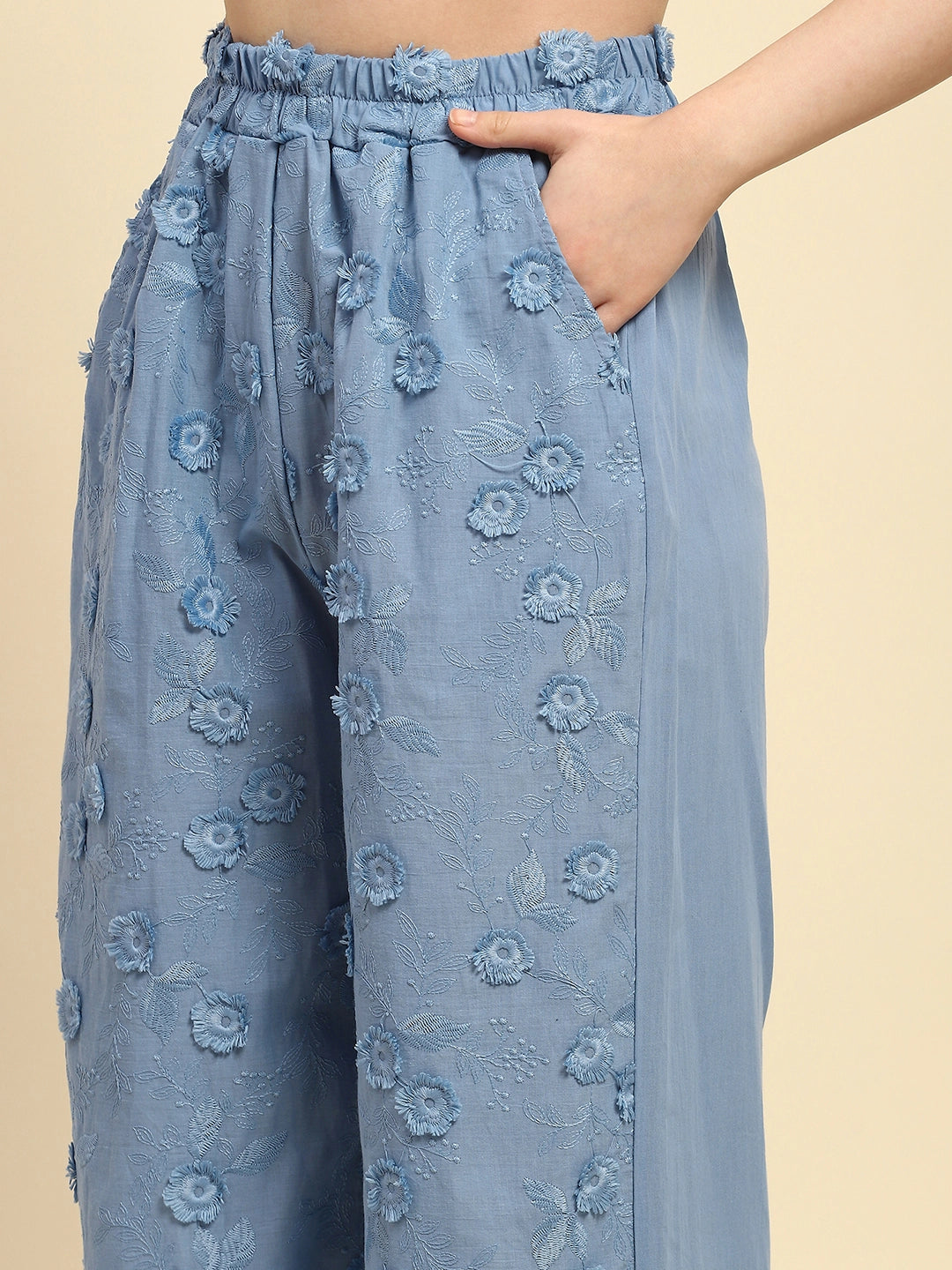 Blue Embroidered Cotton Loose Fit Night Suit