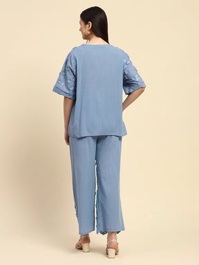 Blue Embroidered Cotton Loose Fit Night Suit