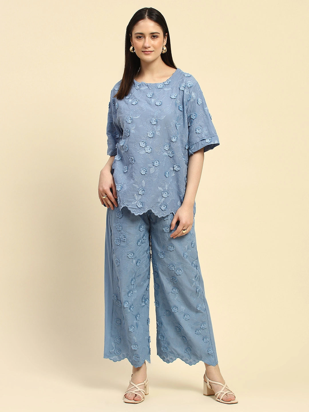 Blue Embroidered Cotton Loose Fit Night Suit