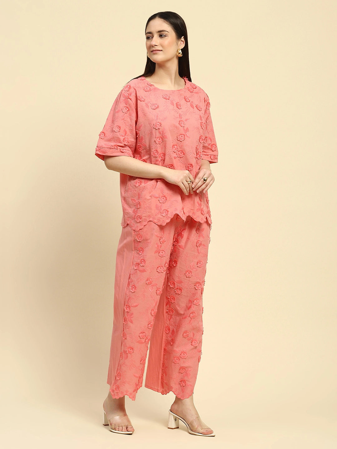 Pink Embroidered Cotton Loose Fit Night Suit