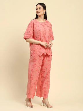 Pink Embroidered Cotton Loose Fit Night Suit