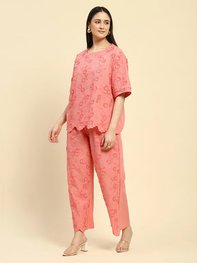 Pink Embroidered Cotton Loose Fit Night Suit