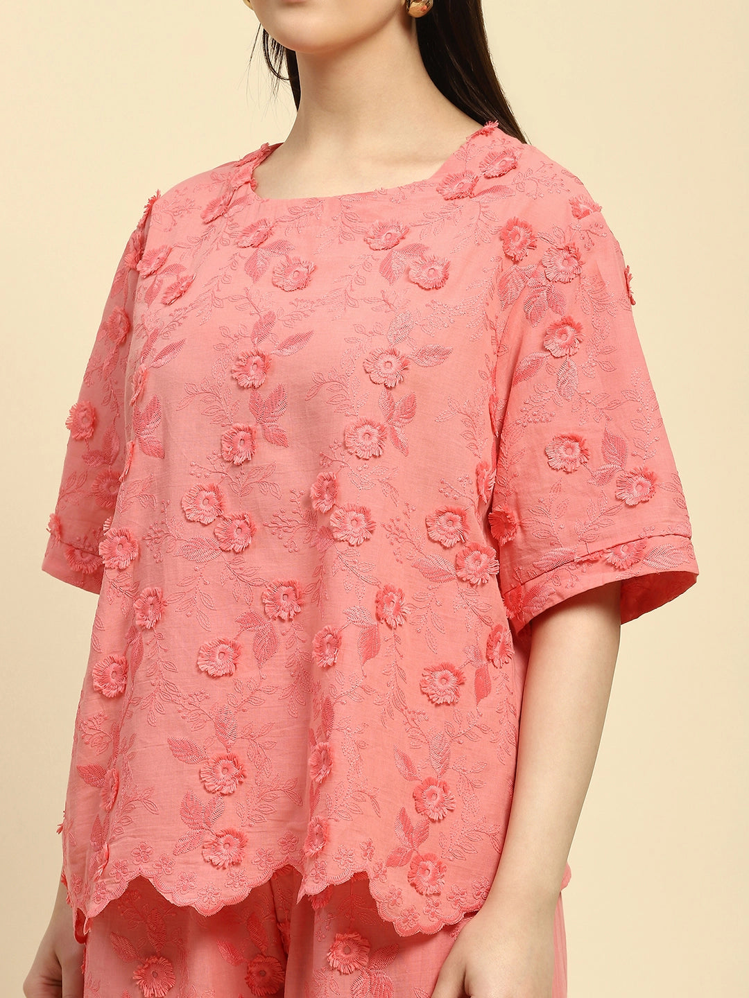 Pink Embroidered Cotton Loose Fit Night Suit