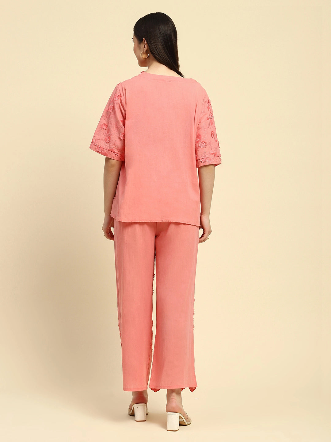 Pink Embroidered Cotton Loose Fit Night Suit